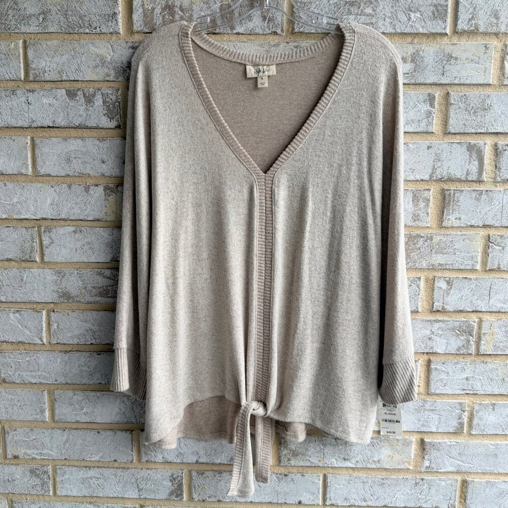 Style & Co Long Dolman Sleeve V-Neck Tie Bottom Beige Sweater Women's Size XL